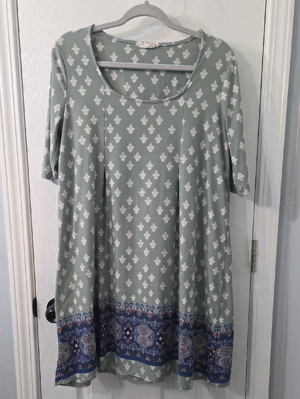 Pink Rose Sage Green with Navy Border Boho Dress